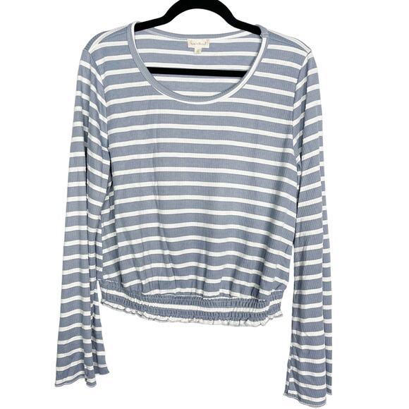 New Hem & Thread Large L Blue White Striped Long Bell Sleeve Cinch Hem Tee Top - Picture 1 of 8